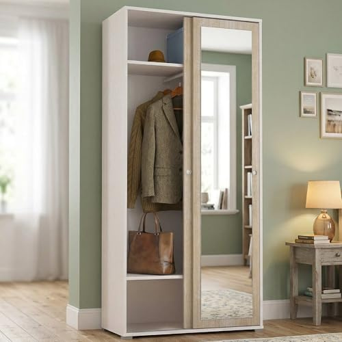 Armoire à 2 portes coulissantes, barre porte-vêtements, 100% fabriquée en Italie, armoire moderne pour chambre à coucher, meuble avec miroir, 90 x 45 h 195 cm, chêne et blanc