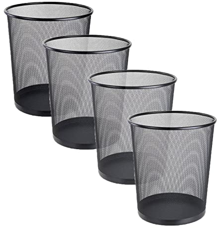 FWEEK 4 Pack Mesh Waste Paper Bin 12 Litres Metal Waste Basket Small Trash Can Rubbish Bin for Bedrooms Bathrooms Office Home Kitchens Supplies, 24 X 26cm Black Circular