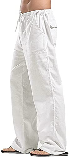 YAOHUOLE Men's Cotton Linen Pants Casual Stretchy Drawstring Waist Trousers White M