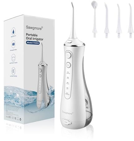 Sawgmore Munddusche Kabellos, Professionelle Elektrischer Zahnreiniger mit 4 Modi und 4 Ersatzdüsen, USB wiederaufladbar, IPX7 wasserdicht, Zahnreinigung, ideal für Zuhause und auf Reisen