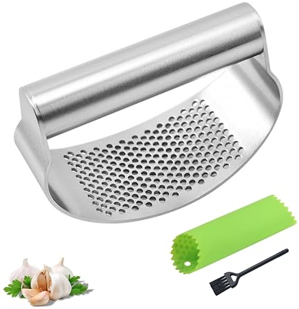 DESIOLE Garlic Press - Spremiaglio in acciaio inox 304 con pratici pennelli per la pulizia e pelapatate in silicone
