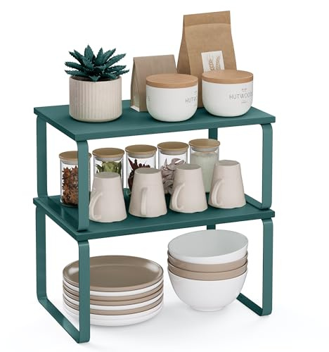 SONGMICS Spice Rack, Set of 2 Expandable Cupboard Shelf Organisers | Stackable Kitchen Holder, Steel and Particleboard, Marrs Green, BYSTRO Collection KCS002C02