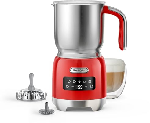Hazel Quinn Milchaufschäumer, Abnehmbarer heißer und kalter Milchaufschäumer und Dampfer, 5-in-1 Funktionalität, einstellbare Temperatur und Dicke, LED-Touch-Steuerung, Spülmaschinenfest, Rot