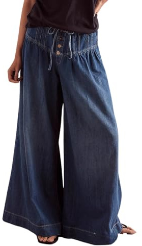 CHARTOU Women's Baggy Wide Leg Denim Pants Drawstring Midi Waisted Flare Jeans Ruffle Pleated Button Jeans (Large,Dark Blue)