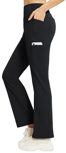 baleaf Women's Thermal Pants with Pockets Flared Leggings High Waisted Straight Bootcut Sweatpants Winter Bootleg Yoga Trousers Black L