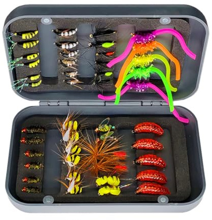 Qitewwrme Set di mosche per pesca a mosca assortiti mosche per pesca alla trota,24/40/54/72/100Pezzi/Casella Fatto a mano Esche artificiali Lure mosche secche/umide (46 Pezzi/Kit (10 stili misti))
