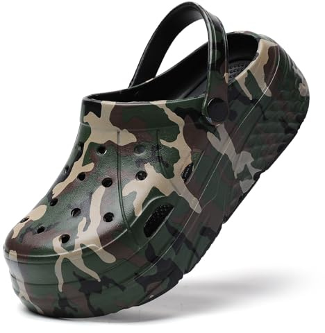 SECHRITE Womens Platform Graphic Clogs Garden Shoes Slip On Sandals Water Beach Outdoor Slippers Shoes Classic Waterproof Comfy Non-Slip Clogs Black Camo 38