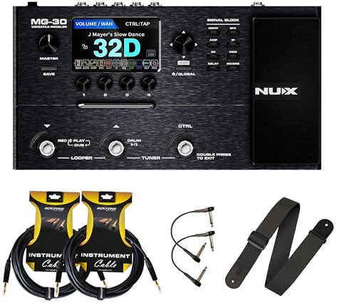 NUX MG30 Guitar Multi-Effects Pedal Guitar/Bass/Acoustic Amp Modeler Bundle with 2x Roxtone Premium Instrument Cables, 2x Flat Patch Cables, and 1x Levy’s Polypropylene Strap