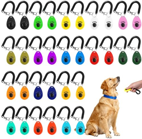 UCEHIPAW 32 piezas de clicker de entrenamiento para perros con correa de muñeca, multicolor, accesorios de entrenamiento de comportamiento para perros, gatos, caballos, pájaros