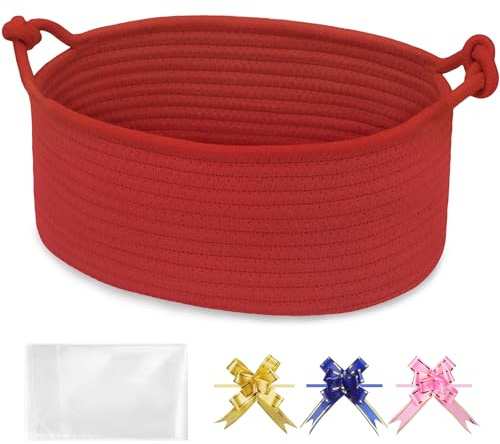 BOSROTY Small Empty Gift Basket with Bag & Ribbons, Red | 30.5x20x13cm, Cotton Rope Woven Basket for Birthdays, Baby Showers, Mother's Day, Christmas; Stores Small Items,Kids Pet Toys