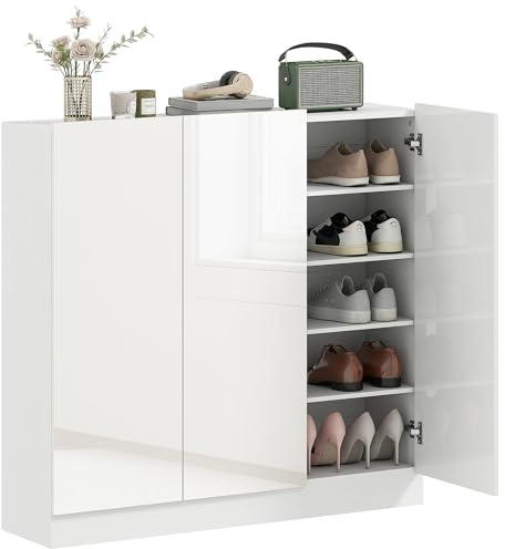 HOMCOM Scarpiera Ingresso con 4 Fori di Ventilazione, Scarpiera Armadio Multiuso a Ripiani Regolabili con Cerniere Ammortizzate, Porta Scarpe Salvaspazio per 25-30 Paia, Bianco Lucido