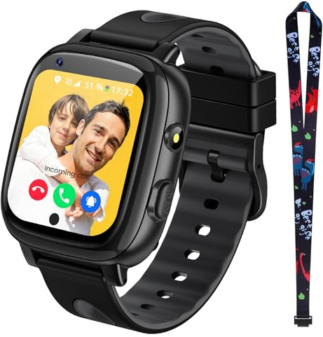 whraills 2026 Neue 4G Smartwatch Kinder mit Videoanruf & GPS, SOS, Voice Chat, IP68 Wasserdicht, Schulmodus, Schrittzähler, Wecker, Lernspiele, Geschenk für Jungen und Mädchen 4-15 Jahren – Schwarz