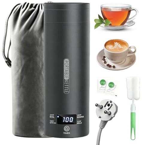 Elektrisk resevattenkokare liten 500 ml, minivattenkokare för anslutning, vattenkokare bärbar 304 rostfritt stål, automatisk stängning, 4 temperaturnivåer för te, kaffe, babymjölk, svart