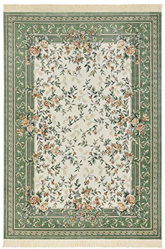 Nouristan Naveh Orient Teppich – Wohnzimmerteppich Orientalisch Kurzflor mit Fransen Vintage Orientalischer Samt-Teppich für Esszimmer, Wohnzimmer, Schlafzimmer – Creme Grün, 95x140cm