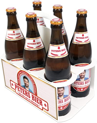 PRINTALA Bierträger + Bieretiketten personalisiert mit Foto & Text | Six-Pack + Aufkleber-Set personalisiert bedruckt mit Foto & Texten nach Wahl (Rot)
