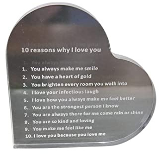 Marco Paul Heart Shaped Paperweight Plaque - 10 Reasons Why I Love You Engraved Gift - Romantic Valentine’s Day Ornament for Boyfriend, Girlfriend, Mum, Dad, Wedding or Birthday Present