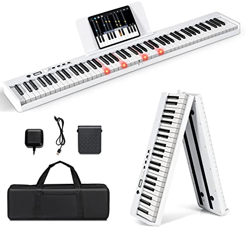 COSTWAY 88 Tastatur Elektroklavier faltbar, Digitale Keyboard tragbar (128 Rhythmen, 128 Töne und 20 Demos) Digitalpiano Set für Kinder und Erwachsene (Weiß)