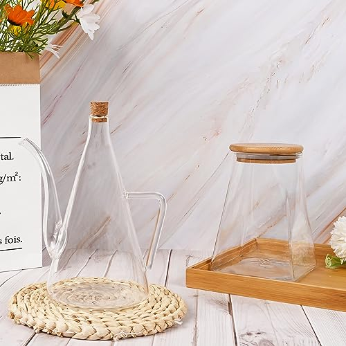YUNJOA Ensemble huilier/vinaigrier en verre borosilicate,1 litre et Bocal de rangement en verre borosilicate avec couvercle en bambou, 950ml.