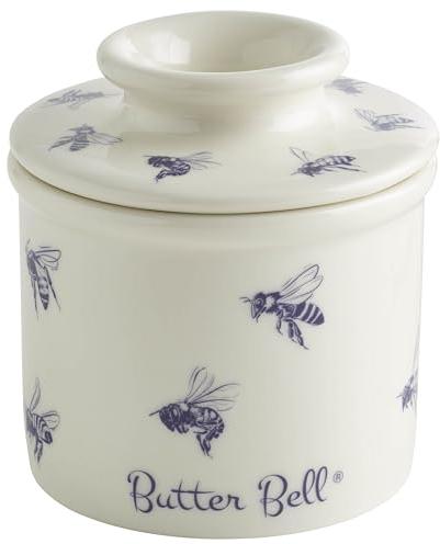 Butter Bell - The Original Butter Bell Crock by L Tremain, a Countertop French Ceramic Butter Dish Keeper with Lid for Spreadable Butter, Farmhouse Collection, Honey Bees, Blue & White