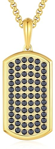 GAVU Collar Hombre Acero Inoxidable con Colgante de Chapa Militar con Circonitas Negras, Collar Hombre Oro 55cm