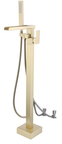 SJQKA Freestanding Bath Tap Bathroom Mixer Tap Bathtub Tap Handheld Shower Head Floor Mounted Brass Black (Brushed Gold Wall Installation)