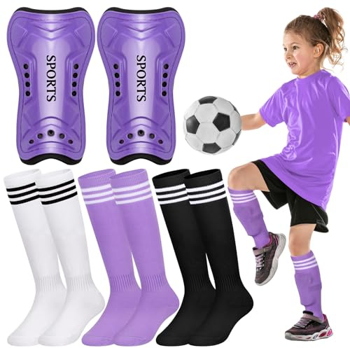 Liliful 4 Pcs Soccer Shin Guards Set for Girl Kids Youth Include 1 Shin Guards & 3 Sport Socks Protective Lightweight Gear Leg Pads Gear for 3-15 Girls Boy Children Teens(Purple,S)