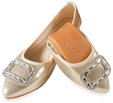 YOUNIFIZ Women's Ballet Flats Soft Pointed Toe Fashion Buckle Wedding Shoes Foldable Sparkly Comfort Slip on Ballerina Walking Flats Pumps (Gold-3,Size 6)
