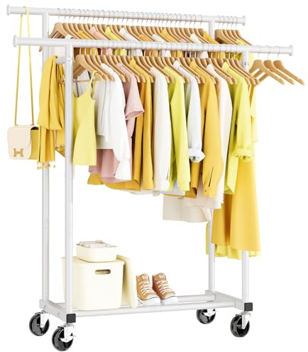 HYSEYY Double Rods Clothes Rack, Rolling Clothing Rack for Hanging Clothes Portable Wardrobe Rack, Metal Garment Rack Sturdy Coat Rack for Bedroom Laundry Living Room, White