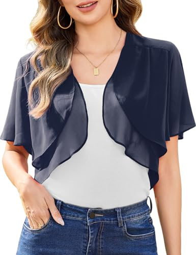 Aottori Navy Bolero Cardigans Womens Summer Chiffon Shrug Shawl Tops Ladies Short Sleeve Open Front Casual Thin Cropped Cardigan UK for Evening Wedding Navy S