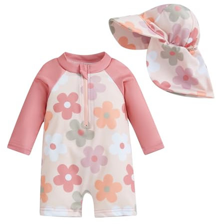 Geagodelia Toddler Baby Girl Swimsuit and Hat Zip Up Long Sleeve All in One Swimming Costume UV Sun Protection Swimwear One Piece Swimming Suit Rash Guard Sunsuit (Floral Dark Rose, 3-6 Months)