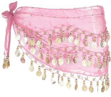 sourcing map Belly Dance Hip Scarf 55x10, 1 Pack Women's Belly Dance Costume Skirt Wrap with 98 Gold Coin for Dance or Yoga Class, Pink