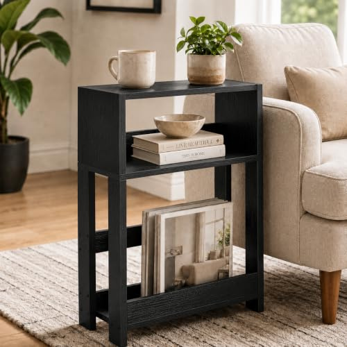 ZEXVIDA Narrow Side Table with Storage Shelf, 3-Tier Slim End Table & Nightstand for Bedroom, Living Room, Sofa Side Table for Small Spaces (Black)