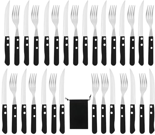 LEKEFETO Lot de 30 couverts à steak pour 15 personnes - Couteaux et fourchettes à steak - Couteaux et fourchettes à steak - Couverts à steak en acier - Noir