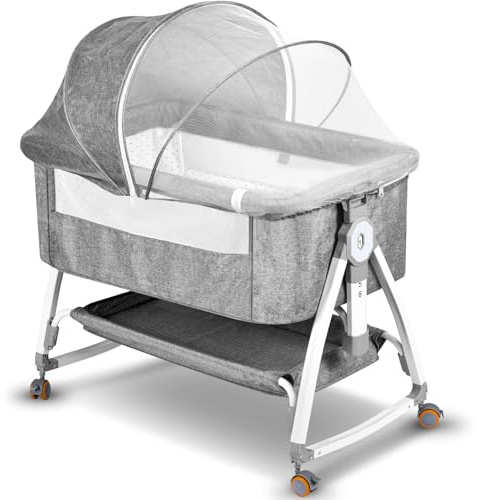BJNN Next to Me Crib,3 in 1Baby Bedside Crib Foldable Baby Bed 6 Level Adjustable Bedside Bed Travel Cot with Storage Mosquito Net and Matress Included Portable Cribs for Newborn Infant