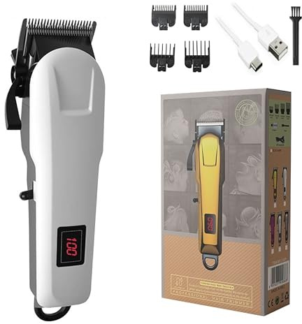 Professional Hair Clippers for Men – Cordless Barber Clippers & Beard Trimmer with Ceramic Titanium Blades, LCD Display, Adjustable Lever, Long-Lasting Battery, Type-C Rechargeable (White)