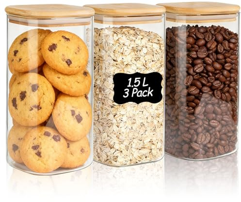 ComSaf Tarros de Cristal con Tapa, Frascos de Vidrio con Tapa, 1500 ml, Set de 3 Piezas, Adecuado para Galletas Grandes, Pan Tostado para Repostería, Sales de Baño