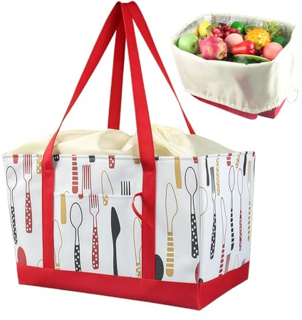 Återanvändbar livsmedelsväska – Oxfordtyg 42 x 26 x 27 cm isolerad kasse | Vattentät hopfällbar shoppingväska med fickor, dragskostängning, lätt hållbar | utomhus picknick camping marknad resor