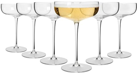 Argon Tableware Hoxton Crystal Champagne Coupe Glasses 220ml - Pack of 6, Lead-Free Crystal Cocktail & Sparkling Wine Glass Set, 1920s Art Deco Style, Wide Saucer Bowl, Gift Boxed