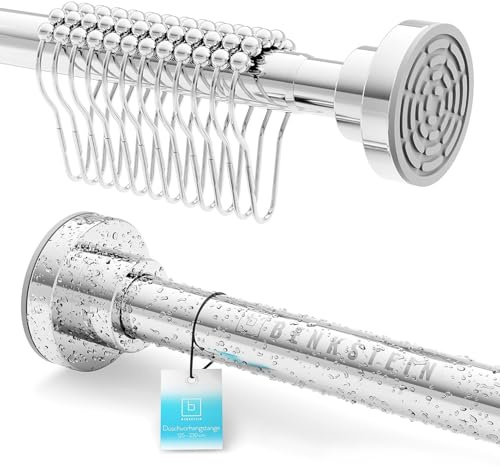 BENKSTEIN Vorhangstange & flexible Gardinenstange ohne Bohren aus rostfreiem Edelstahl | 115–215 cm, rutschfest, stabil | inkl. 12 Duschringe, ideal für Bad, Gardinen & Kleidung