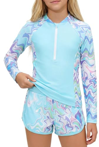 JiAmy Girl Swimsuits with Shorts, Two Piece Girls Swimming Costume,Long Sleeve Kids Swimwear Zip Rash Guard Bathing Suit Blue 7-8 Years