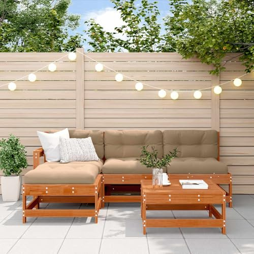 GeenYuu Ensemble Salon Jardin 5 pièces en pin Massif Brun ciré mobilier extérieur modulable avec canapé Angle Banquette Table Basse pour terrasse Balcon Patio Repas détente réception