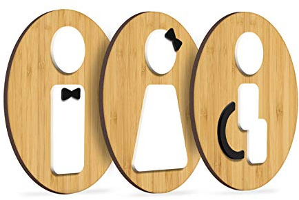 Signs - Styled Knot, Set 3x- Targa Bagno Uomo Donna Disabili - Segnali Bagno adesivi Toilette Uomo Donna Disabile - Cartelli Bagno Uomo Donna Disabili - Adesivi WC Disabili (Prime Tondo - Bambù)