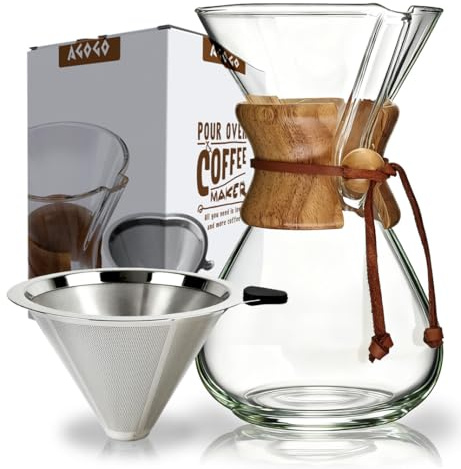 AGOGO Pour Over Coffee Maker Glass - Barista Kit with 304 Stainless Filter for Home, Office, Camping, Cafes - Easy Clean Coffee Dripper Set (Soft Towel&Brush) (34oz Classic w/SS Filter)
