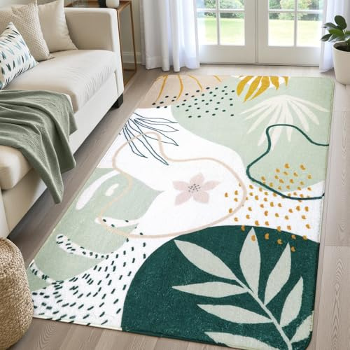 Lahome Green Botanical Print Small Throw Rugs Modern Abstract Non-Slip 3x5 Minimalist Art Area Rug Accent Distressed WashableFloor Carpet for Living Room Bedroom Entryway