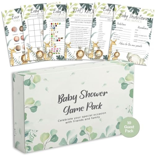 Your Party Games Jeux de fête prénatale – Lot de 6 jeux – Eucalyptus, jungle, safari, bébé garçon, bébé fille – Lot de 10 invités (jungle)