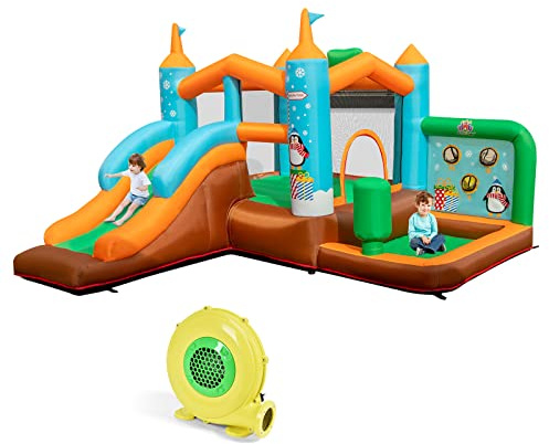 COSTWAY Castello gonfiabile per Bambini, Con Scivolo, Trampolino, Canestro da Basket e Sacco da Box, per 3 Bambini di 3-12 Anni, Con Borsa di Trasporto e Kit di Riparazione (Con soffiatore)