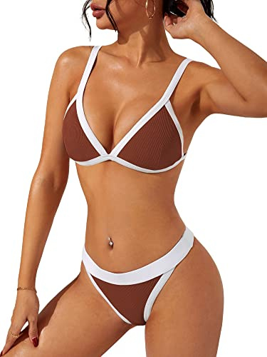 swimall Ensemble bikini triangle sexy brésilien deux pièces pour femme, café, Taille S