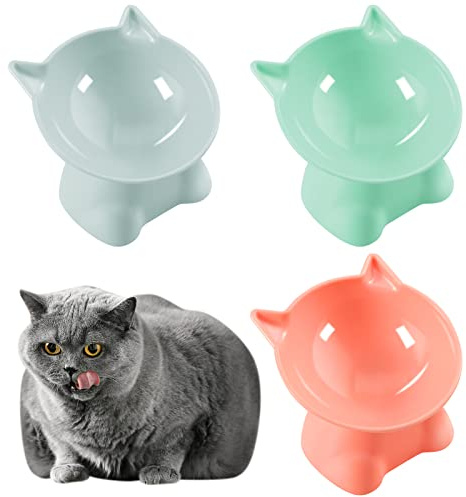 Fanshiontide 3PCS Raised Cat Bowl, Elevated Cat Feeding Bowls with Stand, Tilted, Anti Vomit Cat Food Bowl, Cat Feeder, blue green orange