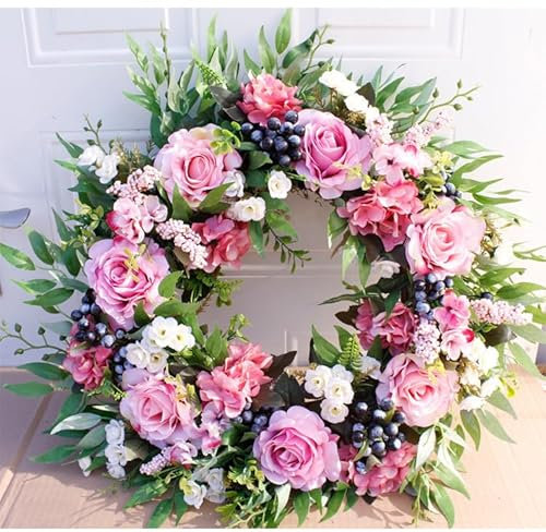 40CM Peony Spring Wreaths for Front Door Outside Artificial Pink Rose,Blue Berry,Green Leaves Summer Wreaths Full Handmade for Farmhouse Wall Window Decor (Pink)