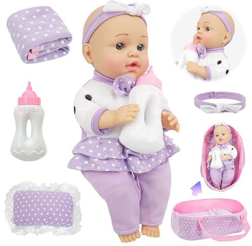 SMILESSKIDDO Baby Doll with Accessories, 12 Dolls Playset with Washable Carrier Bassinet Bed, Bottle, Blanket, and Pillow, Soft Body Baby Dolls for 2+ Year Old Girls